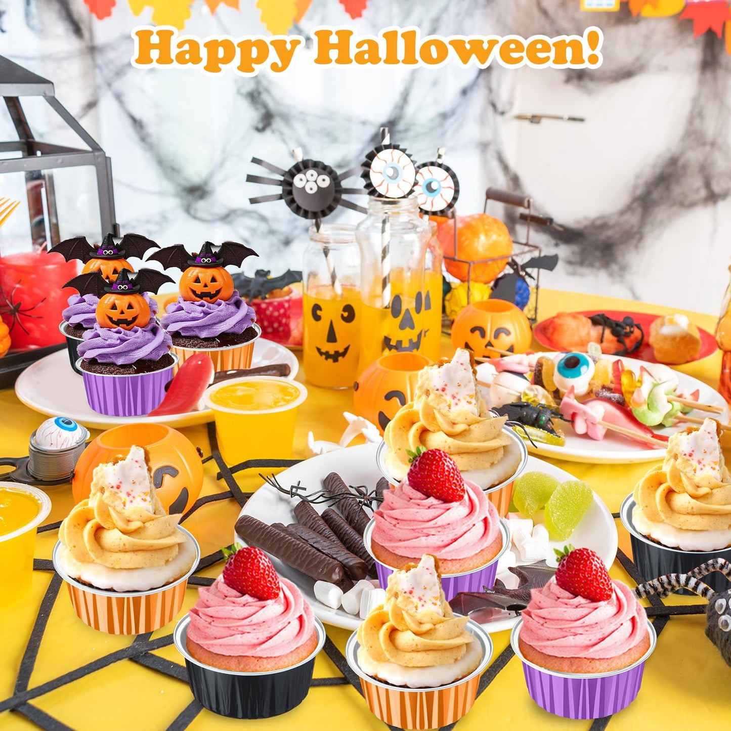 Gandeer 200 Pack Aluminum Foil Cupcake Liners with Lids, 5 oz Round Baking Cup, Disposable Ramekin Container for Graduation Wedding Independence Day Party(Purple, Orange, Black,Halloween)