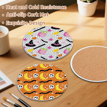 PERFECTSIGHT 8 Pcs DIY Diamond Art Painting Coasters with Holder, Cute Diamond Paint Coaster Kits for Adults, Kawaii Full Drill Diamond Art Craft Paint by Number Non Slip Coaster - Pink Halloween