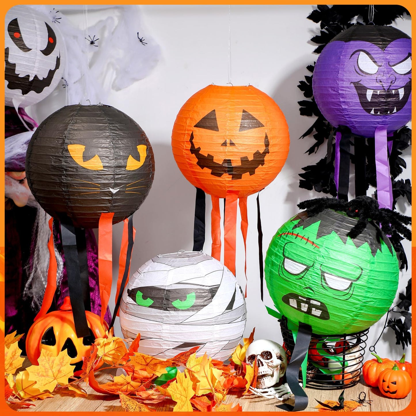 VIHOSE 6 Pcs Halloween Hanging Decorations Paper Lanterns, Jack-o-Bat Lanterns with Tassels Halloween Lantern Decorative for Indoor Outdoor Party Trick-or-Treat Event Supplies