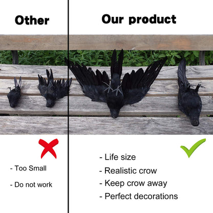 Etistta 2-Pack Realistic Crows Lifesize Extra Large Handmade Black Feathered Crow for Halloween Decorations Birds, L (13 inch+12 inch)