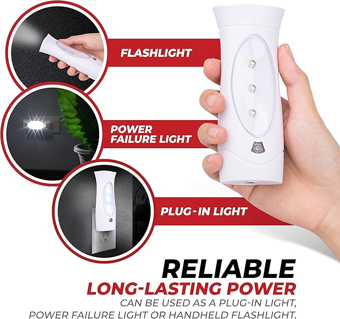 Amerelle LED Emergency Lights For Home Power Failure – Triple Function Power Failure Light and Plug In Flashlight Combo, With Rechargeable Battery – Be Snow Storm & Hurricane Ready (71134)