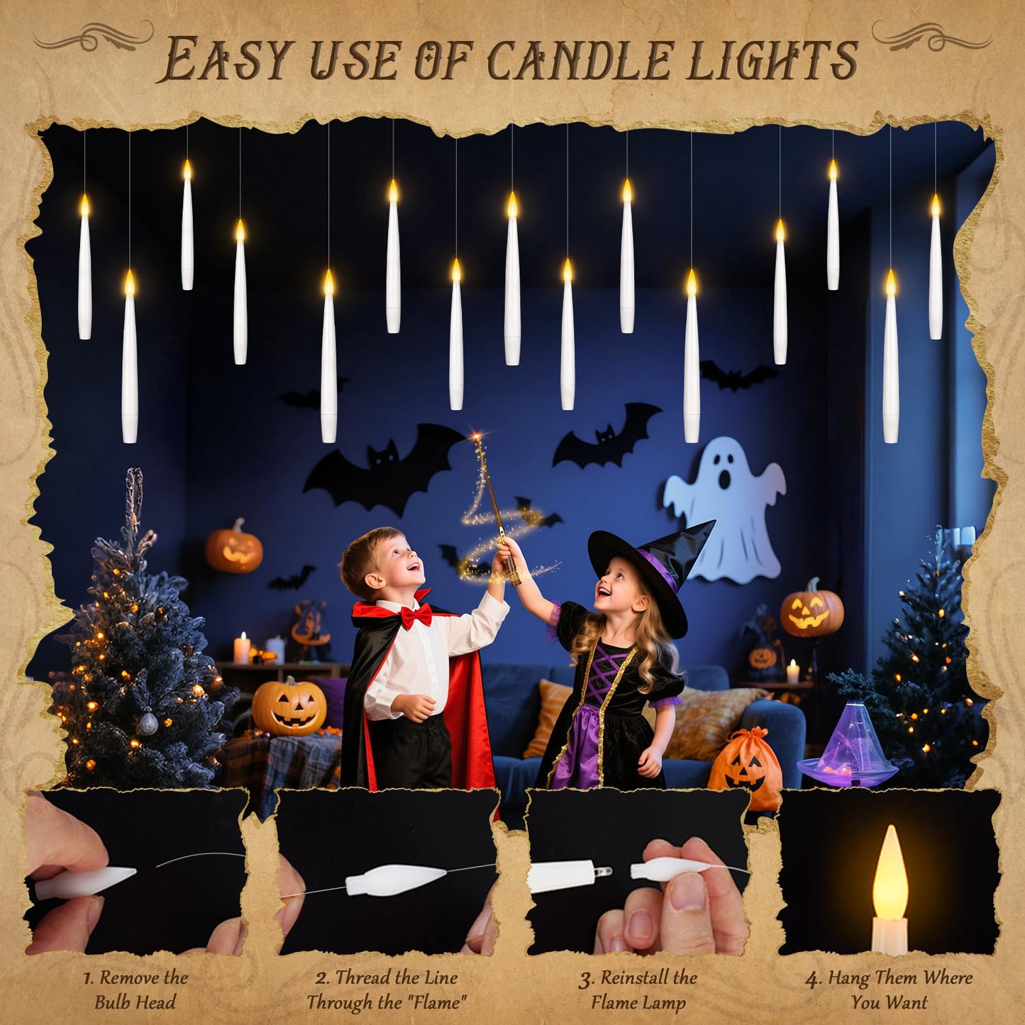 12 Pcs Floating Candles with Magic Wand Remote, Battery (included) Operated Hanging LED Candles Lasting for 200 H, Flameless Flickering Warm Light Taper Candle Set for Xmas Festival Theme Party Decor