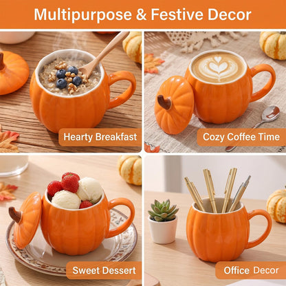 1PCS Ceramic Pumpkin Mug with Lid, 14oz Orange Coffee Mug for Fall & Autumn, Cute Halloween Coffee Cup for Tea and Hot Cocoa, Microwave Safe Novelty Gift for Women, Friends, and Family (Pumpkin-1PCS)