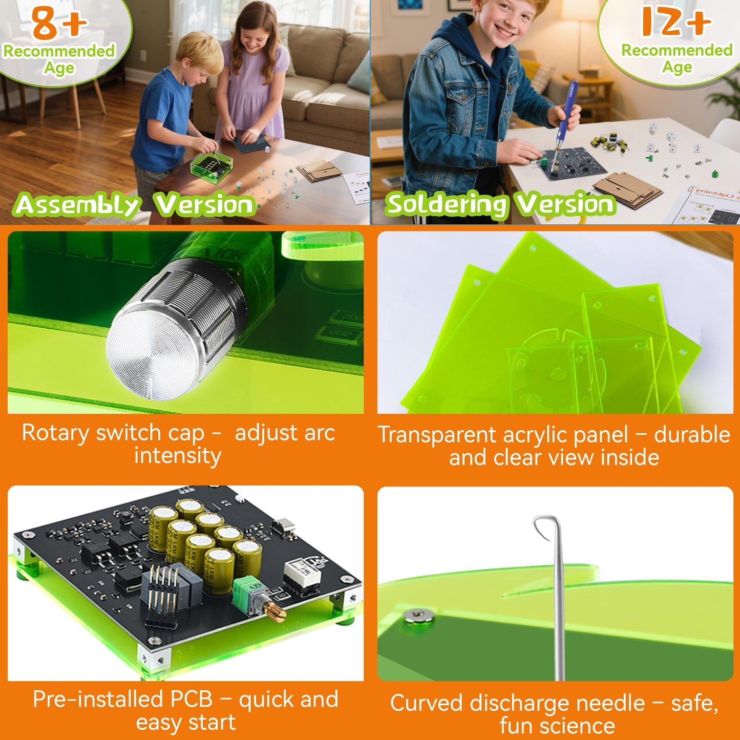 eUda+ STEM Tesla Lightning Kit for Kids&Adults Toys for 12 Year Old Boys Build Your Tesla Coil Kit Stem Kits for Kids Age 14-16 Girls Soldering Practice Kit for Beginners 12+ (Soldering Version, BTG)