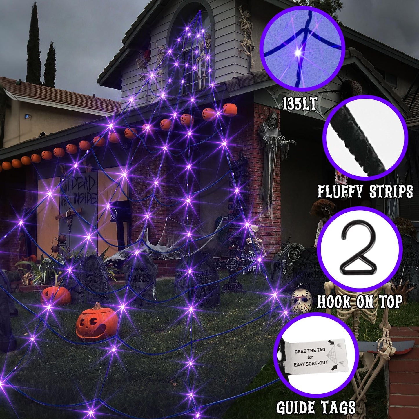 EAMBRITE Giant Spider Web Lights Halloween Decorations Outdoor with 135 LED Purple & Orange Lights, 17Ft Outside Huge Lighted Black Spider Web Halloween Light for Yard Party Haunted House Decor