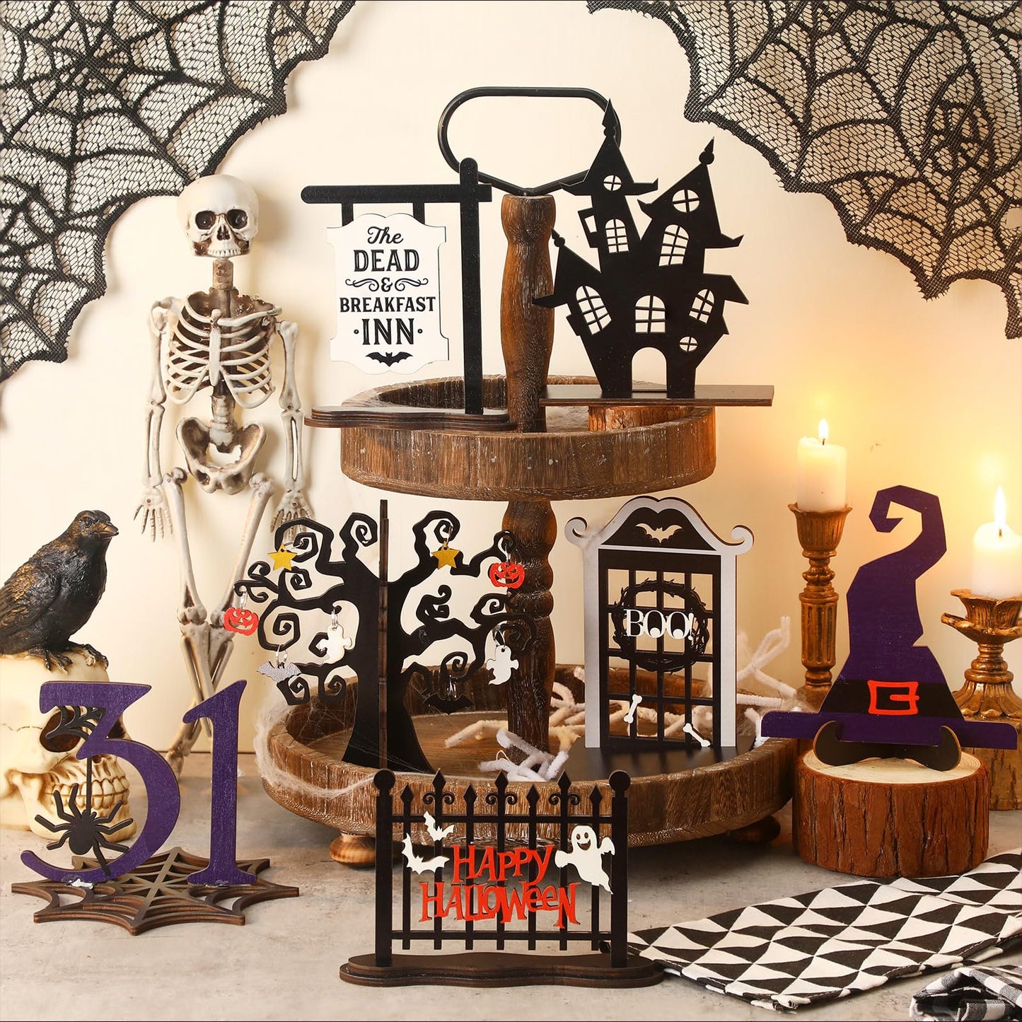 Soaoo 7 Pcs Halloween Wood Centerpieces Decorations 3D Halloween Tiered Tray Wood Decor Spooky Theme Decorations Ghost Party Table Topper for Home Table Shelf Party Display Centerpieces Photo Prop