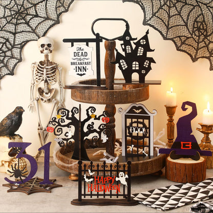 Soaoo 7 Pcs Halloween Wood Centerpieces Decorations 3D Halloween Tiered Tray Wood Decor Spooky Theme Decorations Ghost Party Table Topper for Home Table Shelf Party Display Centerpieces Photo Prop