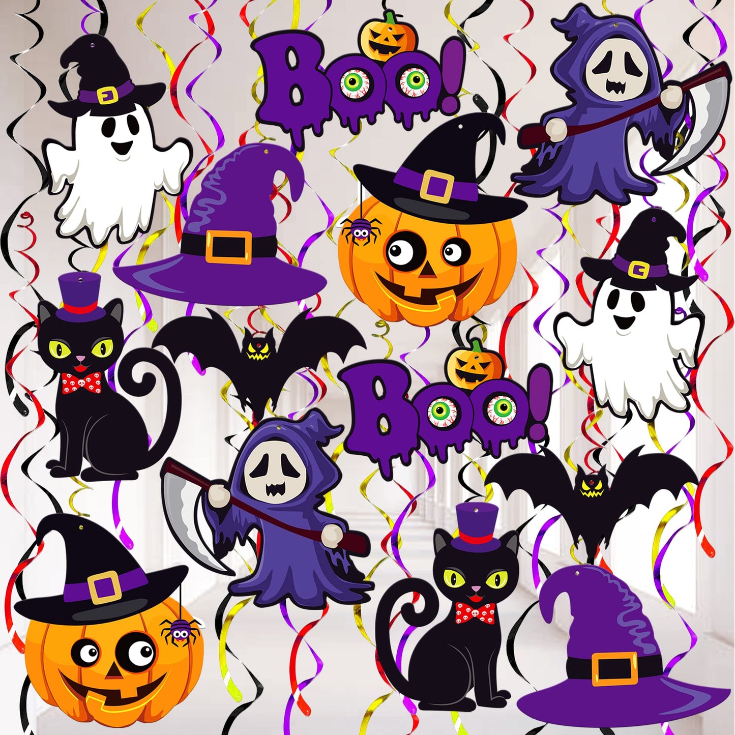 Halloween Hanging Decorations - Large, Pack of 28 and XtraLarge Carnival Backdrop - 72x44 Inch | Spooky Halloween Hanging Swirls, Halloween Party Decorations | Scary Halloween Carnival Decorations
