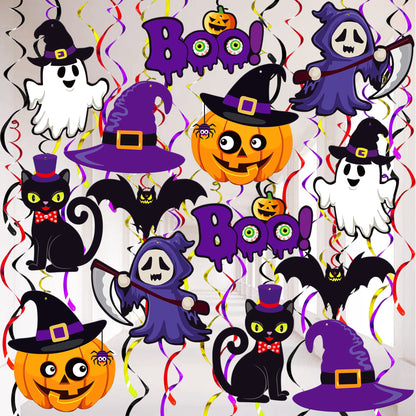 Halloween Hanging Decorations - Large, Pack of 28 and XtraLarge Carnival Backdrop - 72x44 Inch | Spooky Halloween Hanging Swirls, Halloween Party Decorations | Scary Halloween Carnival Decorations