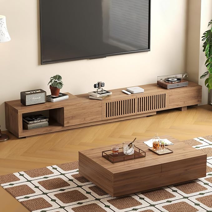 Mid-Century Modern Expandable Coffee Table & TV Stand Set, Walnut Finish – Elegant Storage Combo for Living Room, Bedroom, or Lounge (78.54“ to 103" TV Stand+Coffee Table)