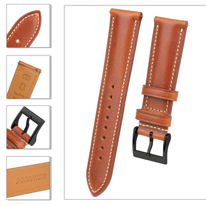 Gomvadr Vintage Genuine Top Grain Leather Watch Strap Quick Release, 18/19/20/21/22/24mm, Silver/Black Buckle, Universal Fit Unisex for Daily Wear (Brown with Black Buckle, 18mm)