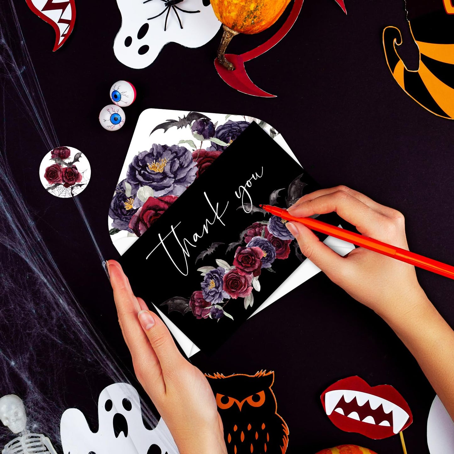 25 Pack Floral Thank You Cards Halloween Flower Bat Greeting Cards Spooky Blank Note Card for Holiday Baby Shower Party Invitation Supplies, 4 x 6 Inch