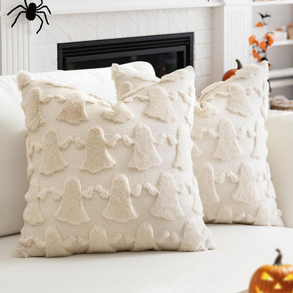 OTOSTAR Set of 2 Ghost Pillow Covers Halloween Throw Pillow Covers for Sofa Couch Bed Living Room Soft Plush Short Wool Velvet Farmhouse Throw Pillow Covers for Thanksgiving Cream Beige 14x14 Inch