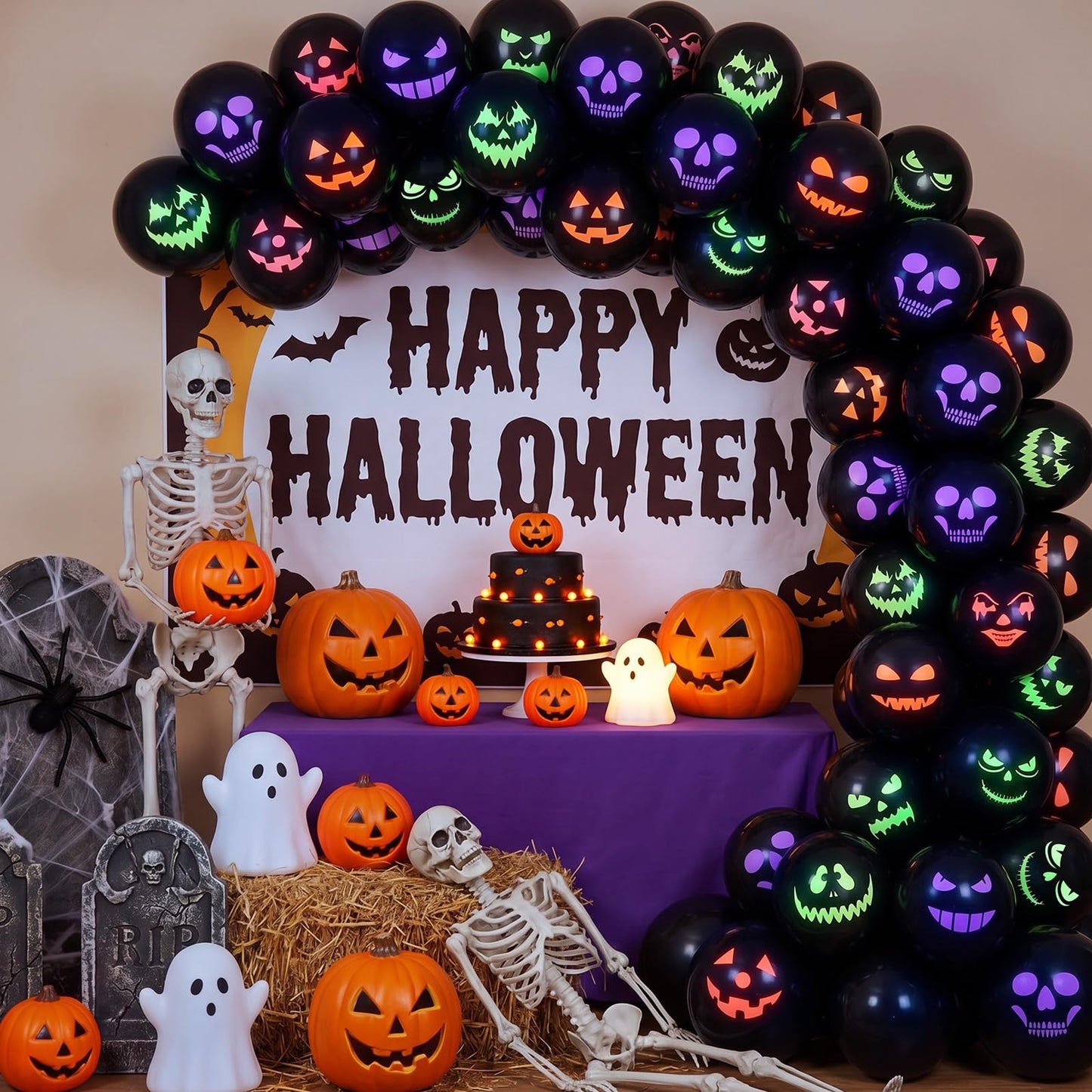 Kasyat 50 Pcs Halloween Neon Glow Ghost Balloons 12 Inches Black Light Reactive Fluorescent Latex Balloons Fluorescent for Halloween Funny Party Decoration