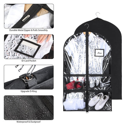 Syeeiex 3" Gusseted Clear Dance Costume Garment Bag(5 Pack), 40'' Dance Garment Bags for Dancers with 4 Zipper Pockets & Can Hold 1-3 Dance Costumes - Suitable for Dance Competitions, Ballet(Black)