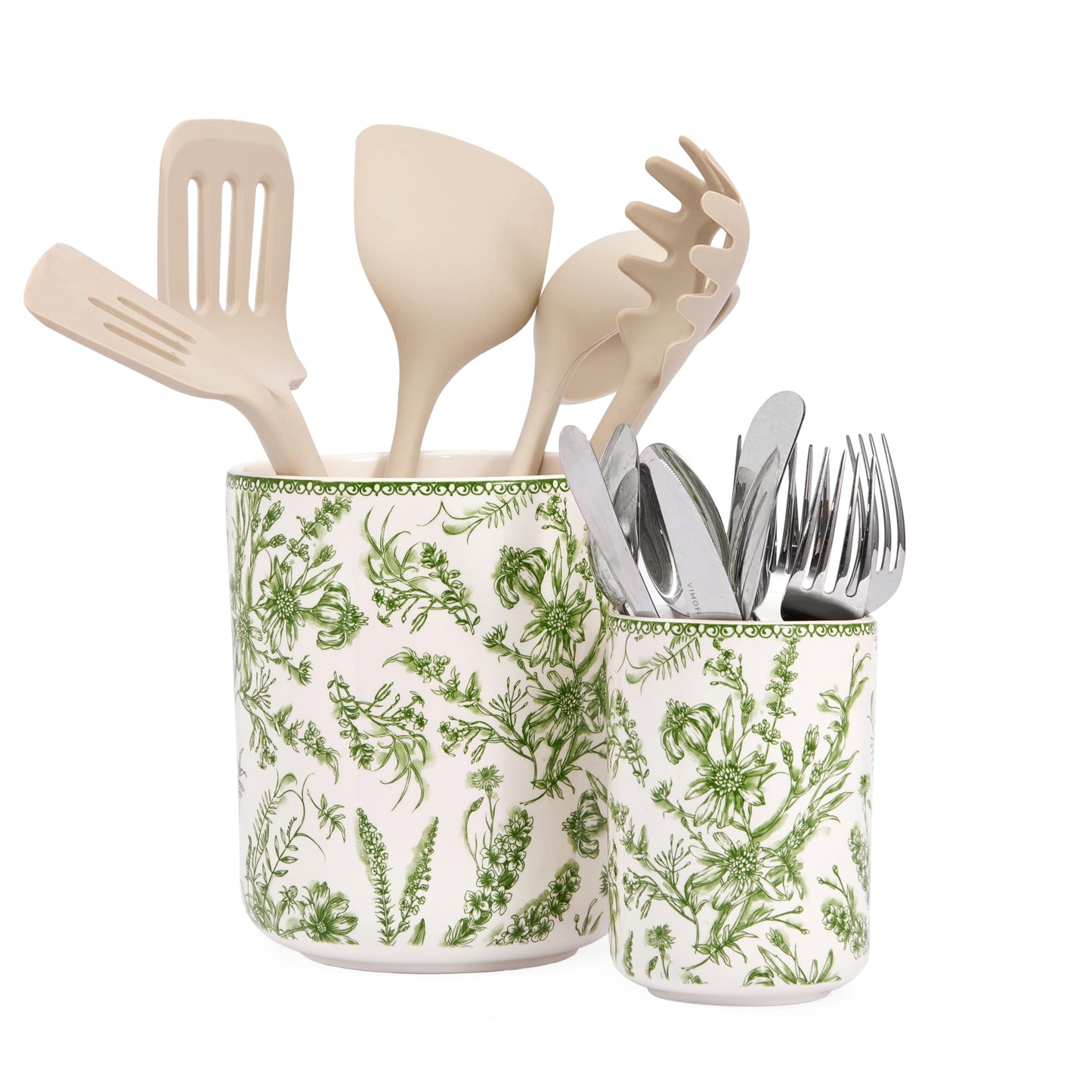 Bico Green Garden Toile De Jouy Ceramic Utensil Holder Set of 2 for Kitchen Counter, 7"+5" Large Cooking Utensil Crock Organizer, Lead & Cadmium Free, Dishwasher Safe, Decorative Kitchen Décor