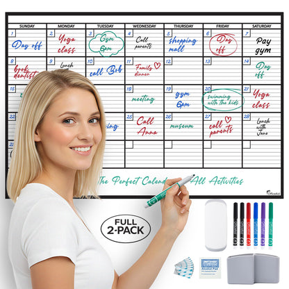 (2 PK) Large Dry Erase Calendar for Wall 24x36, Giant Family Office Big Reusable, Monthly Planner Erasable 36x24, Rolled Whiteboard White Board, Calendar Dry Erase for Undated Wall Large Classroom