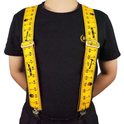 KUNN Men Suspender Tape Measure Pattern 2 inch Suspender Fully Strength Elastic with Heavy Duty Clip,Yellow Color