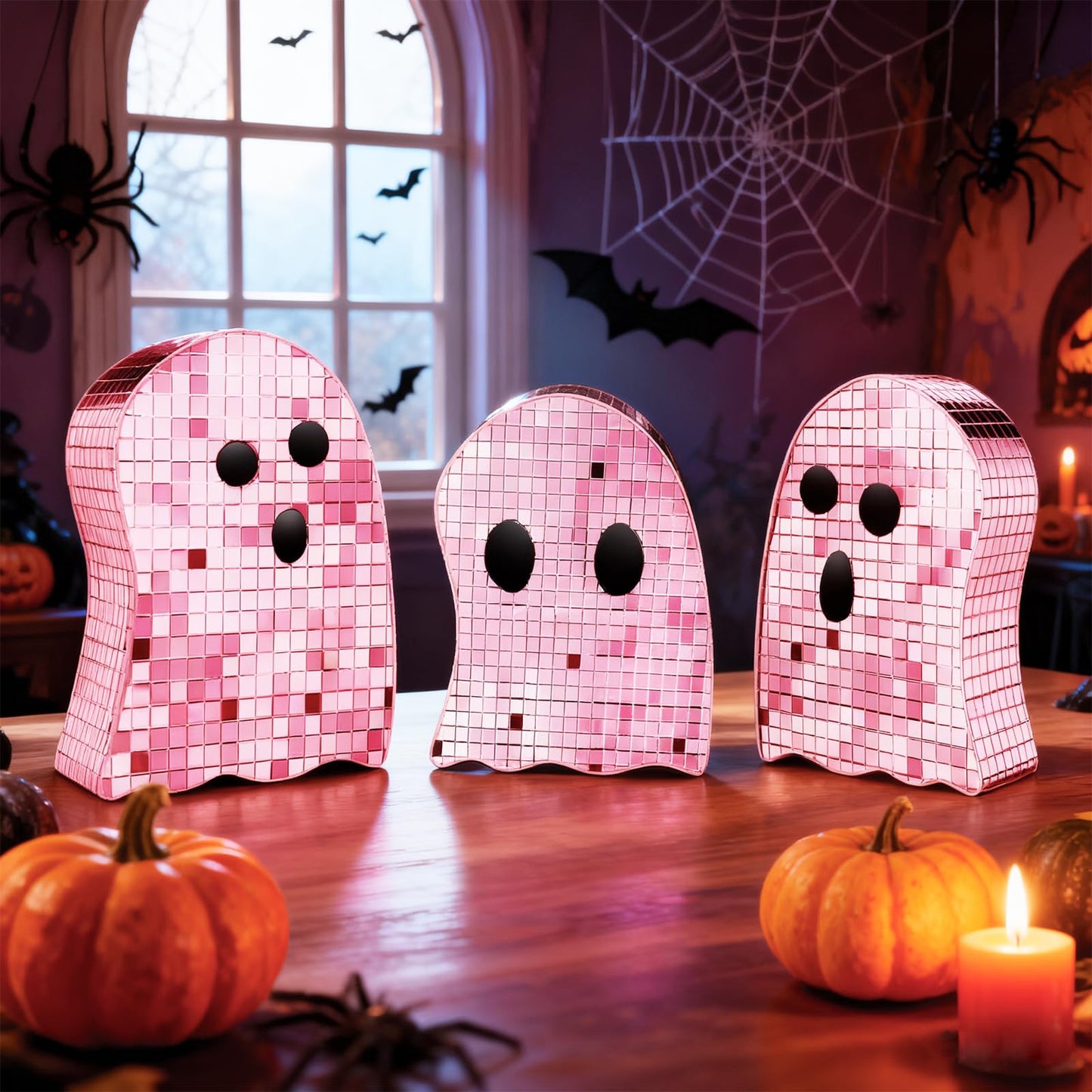 Sel Natural 3 Pcs Halloween Disco Ghost Decor,5.9" 7" 8.2" Ghost Mirror Disco Ball Indoor Glitter Spooky Ghost Sign Halloween Tiered Tray Decor Mosaic Table Centerpiece for Party Gift (Pink)