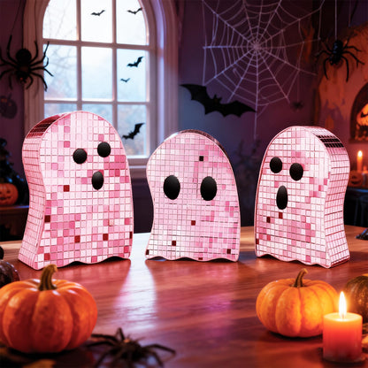 Sel Natural 3 Pcs Halloween Disco Ghost Decor,5.9" 7" 8.2" Ghost Mirror Disco Ball Indoor Glitter Spooky Ghost Sign Halloween Tiered Tray Decor Mosaic Table Centerpiece for Party Gift (Pink)