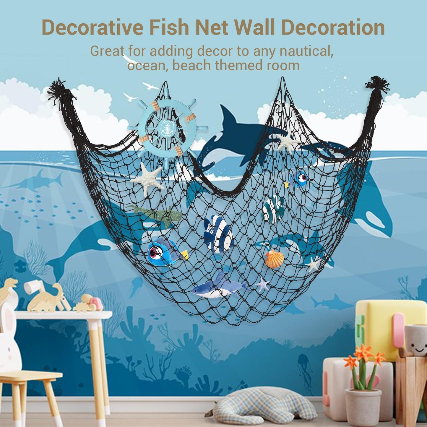 10x5 Feet X-Large Fish Net Decorations for Party - 2 Pack Black Fishing Net Decor for Halloween Gothic Pirate Party, 3mm Cotton Decorative Netting Table Runner Photo Display Backdrop Wall Decor