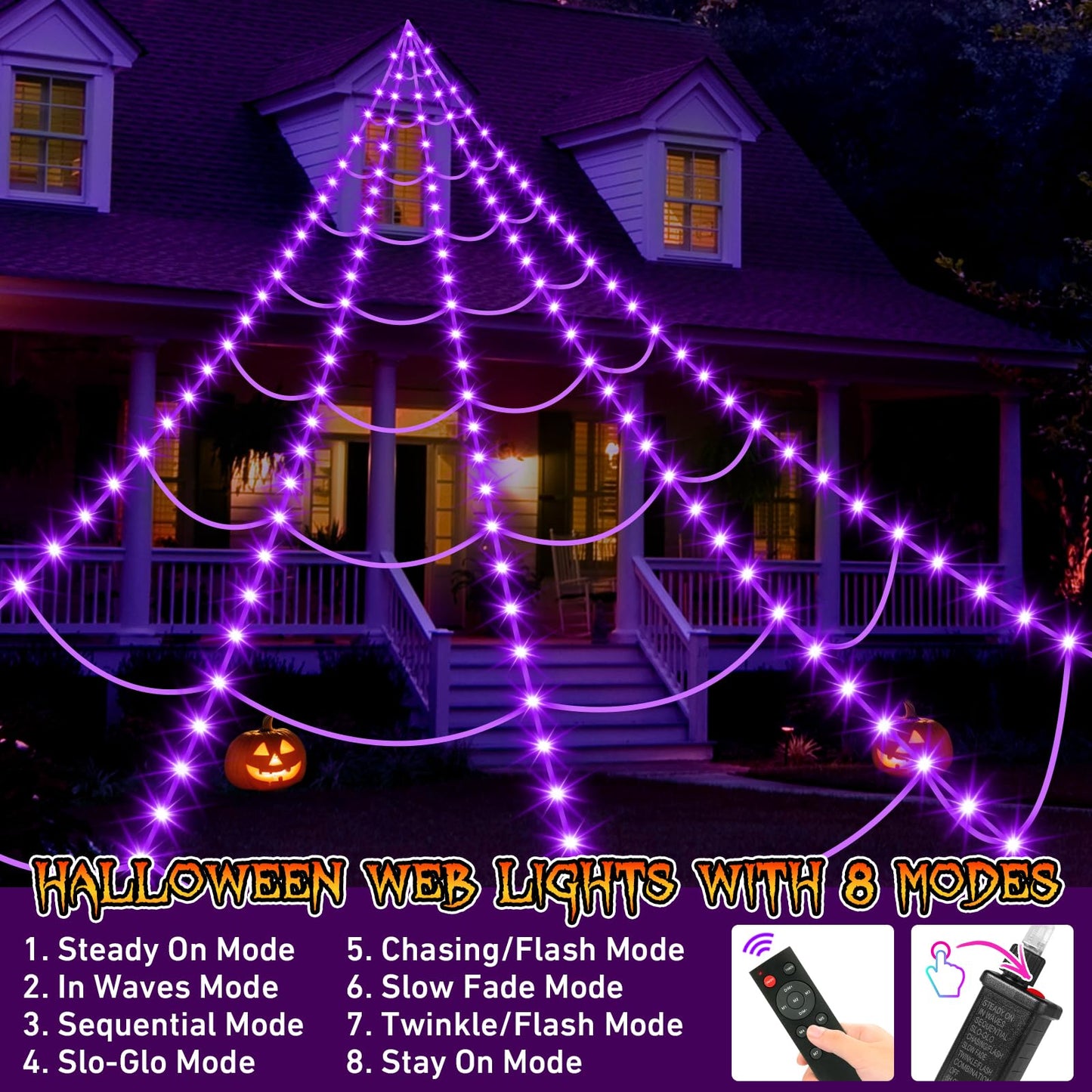 Halloween Spider Web Lights 250 LED: 19.68Ft Outdoor Web Halloween Decorations with Purple Lights - Halloweens Decor Light with 8 Modes Waterproof & Timer for Outdoor Indoor Yard Haunted House