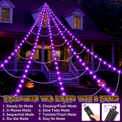 Halloween Spider Web Lights 250 LED: 19.68Ft Outdoor Web Halloween Decorations with Purple Lights - Halloweens Decor Light with 8 Modes Waterproof & Timer for Outdoor Indoor Yard Haunted House