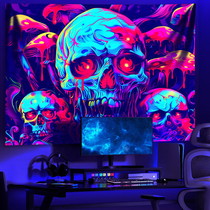 AOHMPT Blacklight Skeleton Tapestry - 79x59in UV Reactive Halloween Tapestry, Neon Melting Skulls Psychedelic Mushroom Wall Hanging, Trippy Glow in The Dark Aesthetic Room Decor for Bedroom