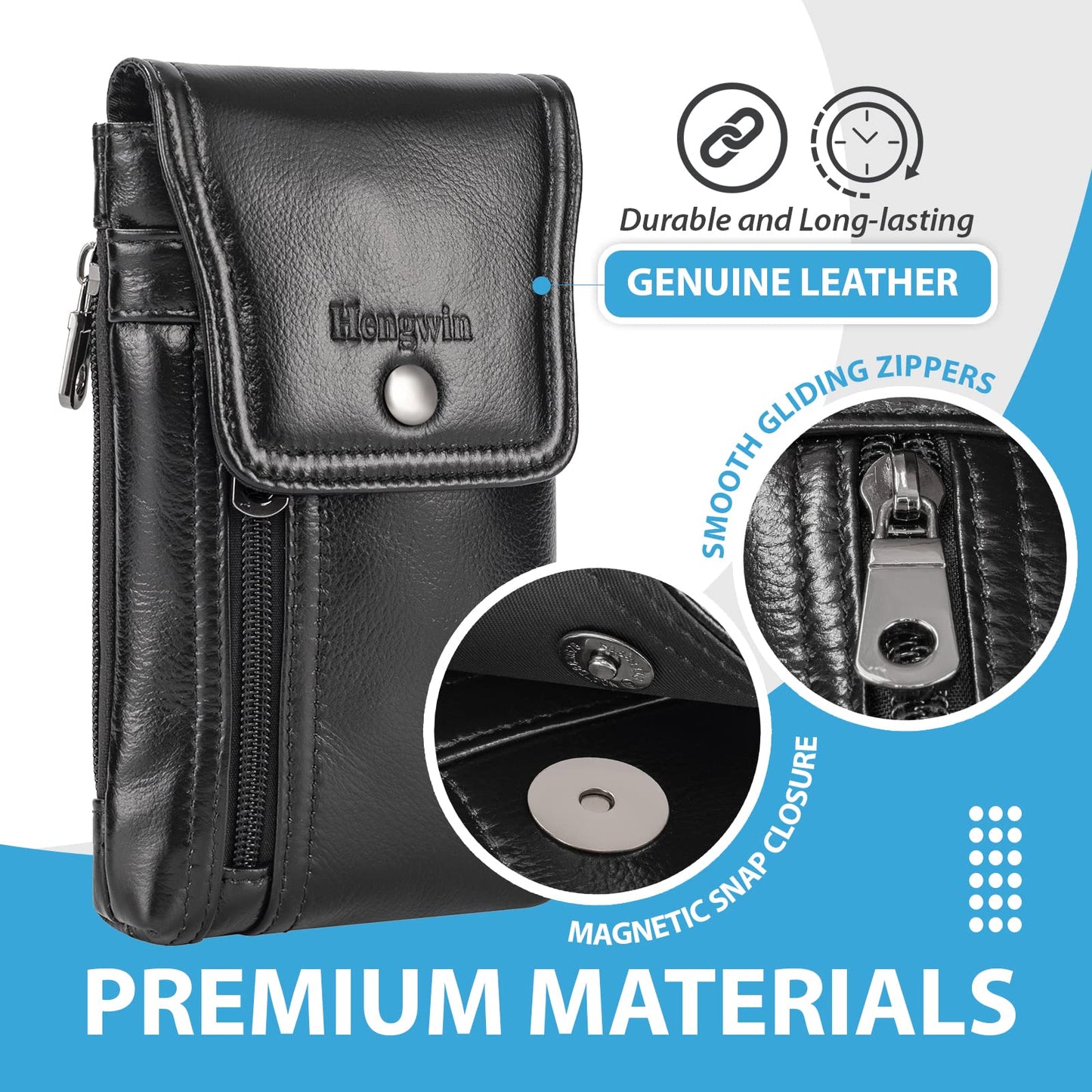 Hengwin Genuine Leather Cell Phone Holster for Belt, Belt Pouch Fits for iPhone 17 Pro 16e 15 Pro 14 Pro 13 Pro 12 Pro Samsung Galaxy S25 S24 S23 S22 Belt Holder Phone Case with Belt Clip (Black)