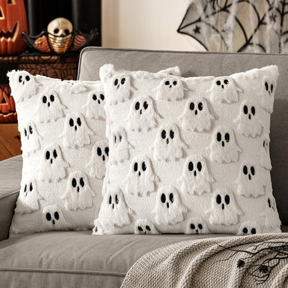 MIULEE 18x18 Inch Set of 2 Halloween White Ghost Decorative Soft Throw Pillows Bundle Rust Decorative Pumpkin Pattern Pillow Covers Plush Faux Fur Wool
