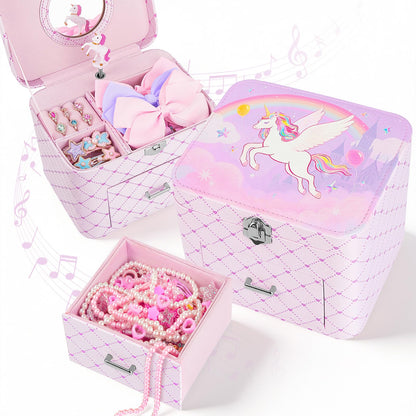 Basumee Musical Jewelry Box for Girls PU Leather Music Box with Drawer Large Kids Jewelry Organizer with Unicorn/Ballerina Jewelry Storage for Little Girls Ages 3–10, Birthday & Holiday Present