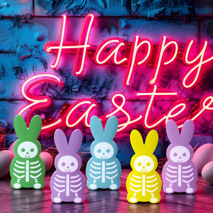 Vicenpal 5 Pcs 9.8'' Summer Halloween Skeleton Bunny Wooden Signs Spooky Halloween Tiered Tray Decor Rabbit Table Centerpiece for Goth Tabletop Decorations for Bedroom Office Shelf Party Supplies