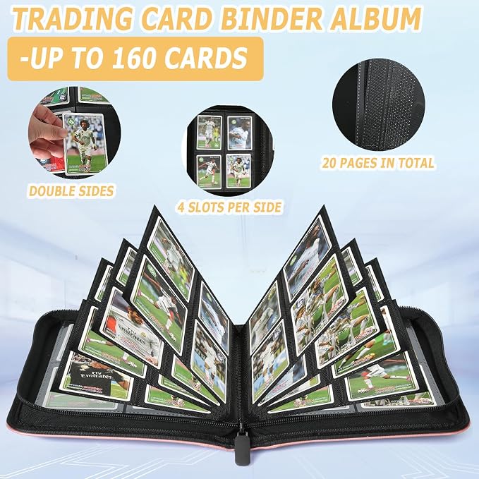 4 Pocket Ringless Side Loading Trading Card Binder, 160 Cards PU Fixed Page Zipper Card Album for TCG Sports Game Cards, Not Fit Top Loaders (Pink)