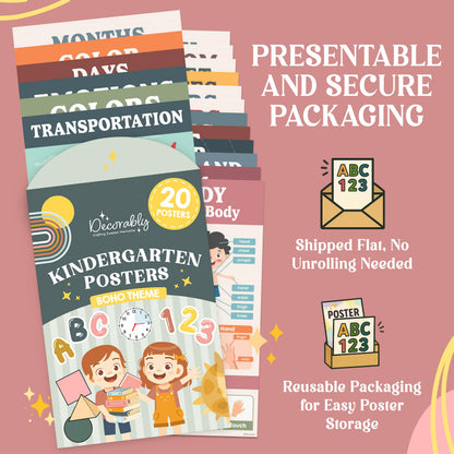 Decorably 20 Boho Learning Posters for Kids Ages 3-5, 11x17in Educational Matte-Laminated for Classrooms, Homeschool, School Hallways, Bulletin Boards
