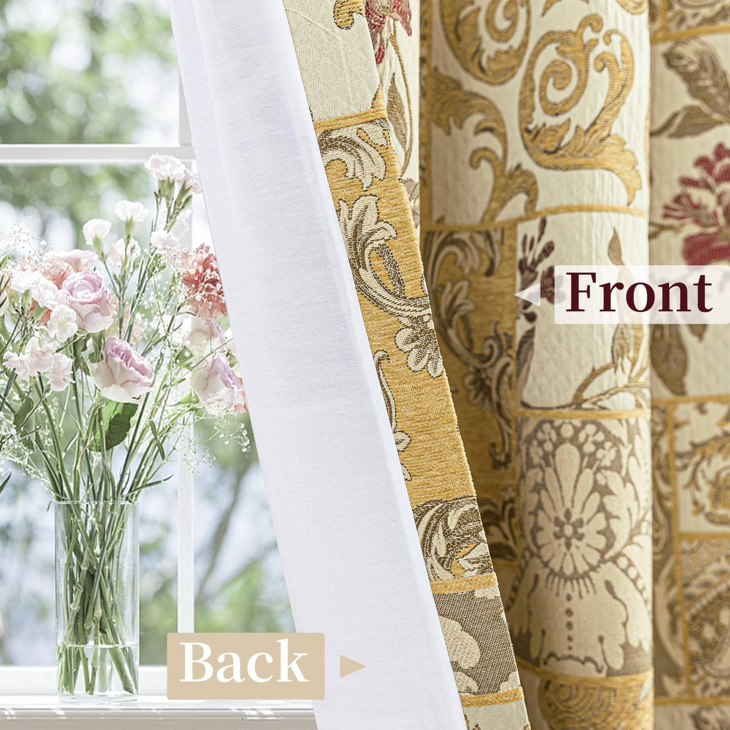 Loom and Mill Damask Patchwork Curtains for Bedroom, Beige Yellow Lined Jacquard Curtains 2 Panels with Tiebacks, Window Curtain for Living Room Banquet Halloween Decor, Rod Pocket(52”x 84”, 2 Panels)