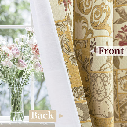 Loom and Mill Damask Patchwork Curtains for Bedroom, Beige Yellow Lined Jacquard Curtains 2 Panels with Tiebacks, Window Curtain for Living Room Banquet Halloween Decor, Rod Pocket(52”x 84”, 2 Panels)