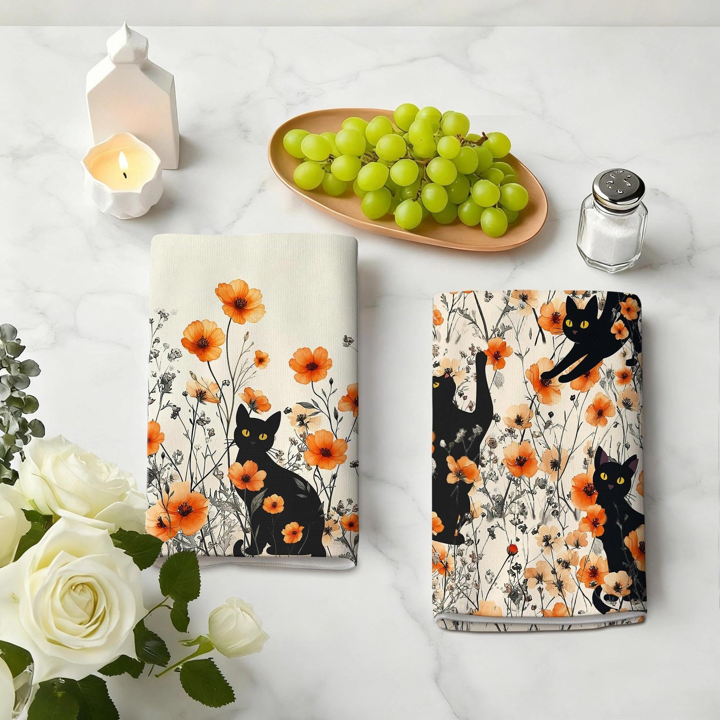 Oblivix Black Cat Dish Towels,Orange Floral Kitchen Towels Decorative Set of 2,Cute Soft Absorbent Reusable Tea Towel & Hand Towel,Black Cats Kitchen Deccor,Cat Lover Gifts for Woemen