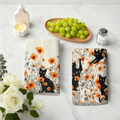 Oblivix Black Cat Dish Towels,Orange Floral Kitchen Towels Decorative Set of 2,Cute Soft Absorbent Reusable Tea Towel & Hand Towel,Black Cats Kitchen Deccor,Cat Lover Gifts for Woemen