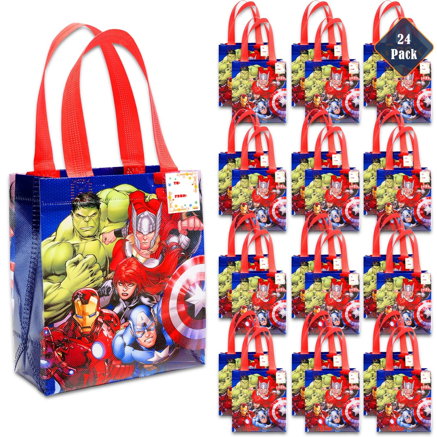 Marvel Avengers Party Favor Bags Set – 24 Pack of 8" Avengers Party Goodie Bags for Kids Bulk Reusable Totes | Marvel Avengers Birthday Party Supplies