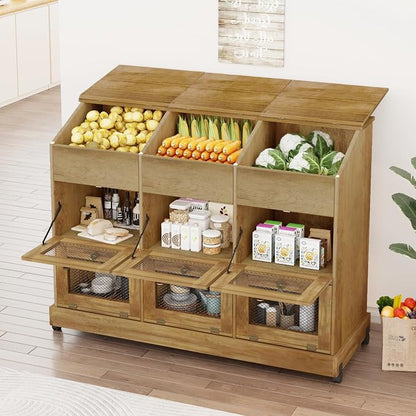 Large Potato Storage Bin, Wooden Bread Bins with Wheel, Onion Storage Bin, Storage Box for Kitchen Pantry, Brown