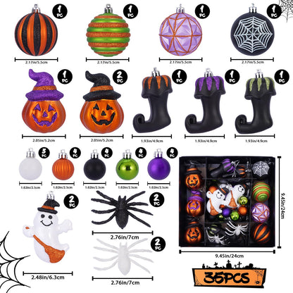 Fashlits Halloween Ball Ornaments Set, Shatterproof Halloween Tree Decorations Cute Pumpkim Ghost Spider Hanging Ornaments for Holiday Party Indoor Home Decor (35Pcs)