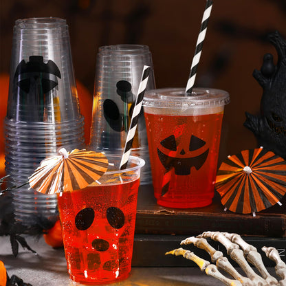 Chengu 50 Set Halloween Disposable Plastic Cups with Lids and Cocktail Paper Umbrella 12oz Pumpkin Face Disposable Cups Jack O Lantern Party Favors Halloween Trick or Treat Party Supplies