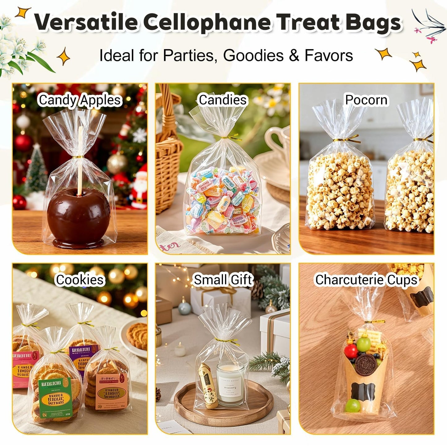 PigPotParty Cellophane Treat Bags 6x9 Inch, 100 Pack Clear Goodie Bags with Bottom Gusset for Stand-Up Display, Small Plastic Gift Wrap for Cookies, Candy, Party Favors, Popcorn, Includes 100 Ties