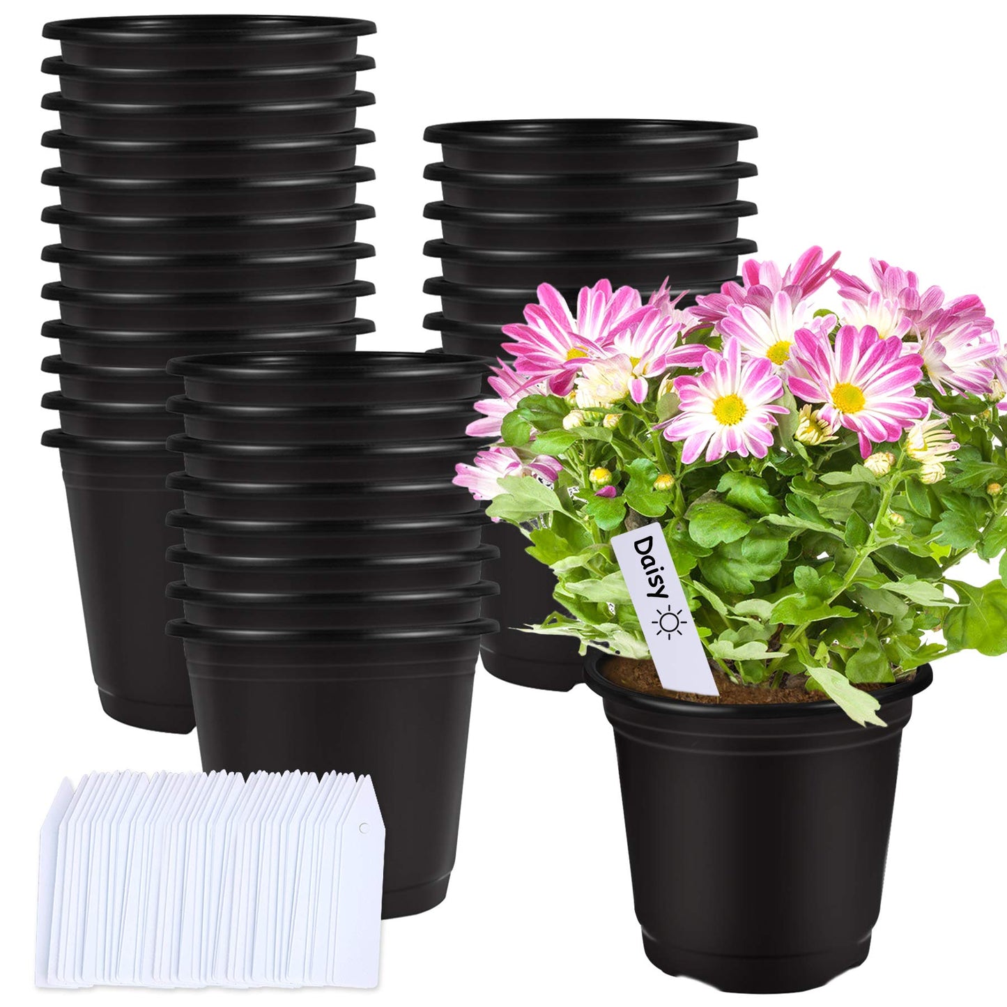 Augshy 50 Pcs 0.5 Gallon Black Plastic Plant Nursery Pots 6 Inches Seed Starting Pots Containers with 50 Labels