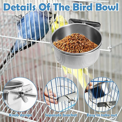 kathson 8 Pack Bird Feeding Dish Cups, Stainless Steel Parrot Feeders Water Cage Bowls with Clamp Holder Bird Feeders for Parakeet Cockatiels Conure Budgies Lovebird Finch and Small Animals