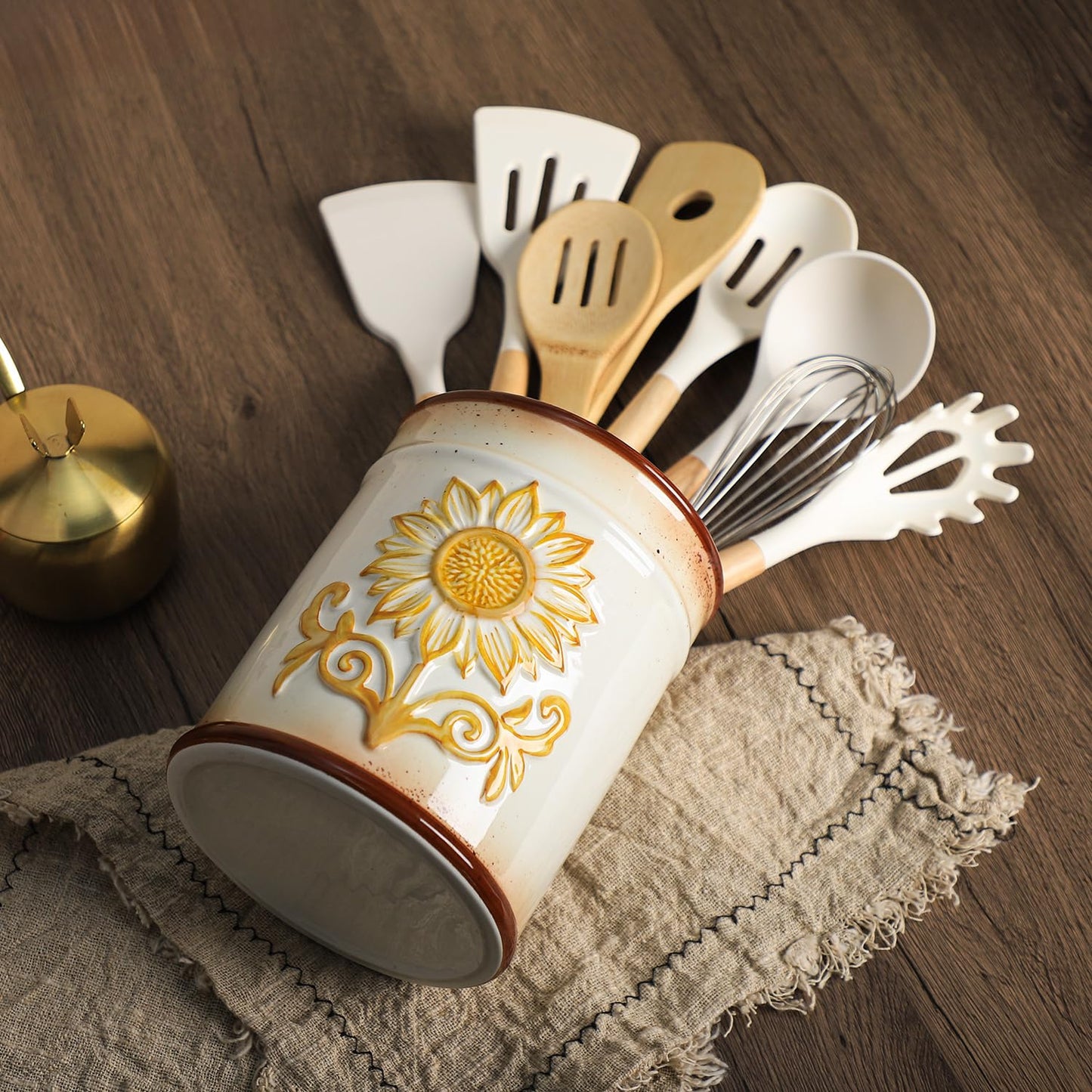 SOCOSY Ceramic Retro Sunflower Embossed Kitchen Utensil Holder, Large Cooking Utensil Crocks for Kitchen Countertop, Utensil Organizer