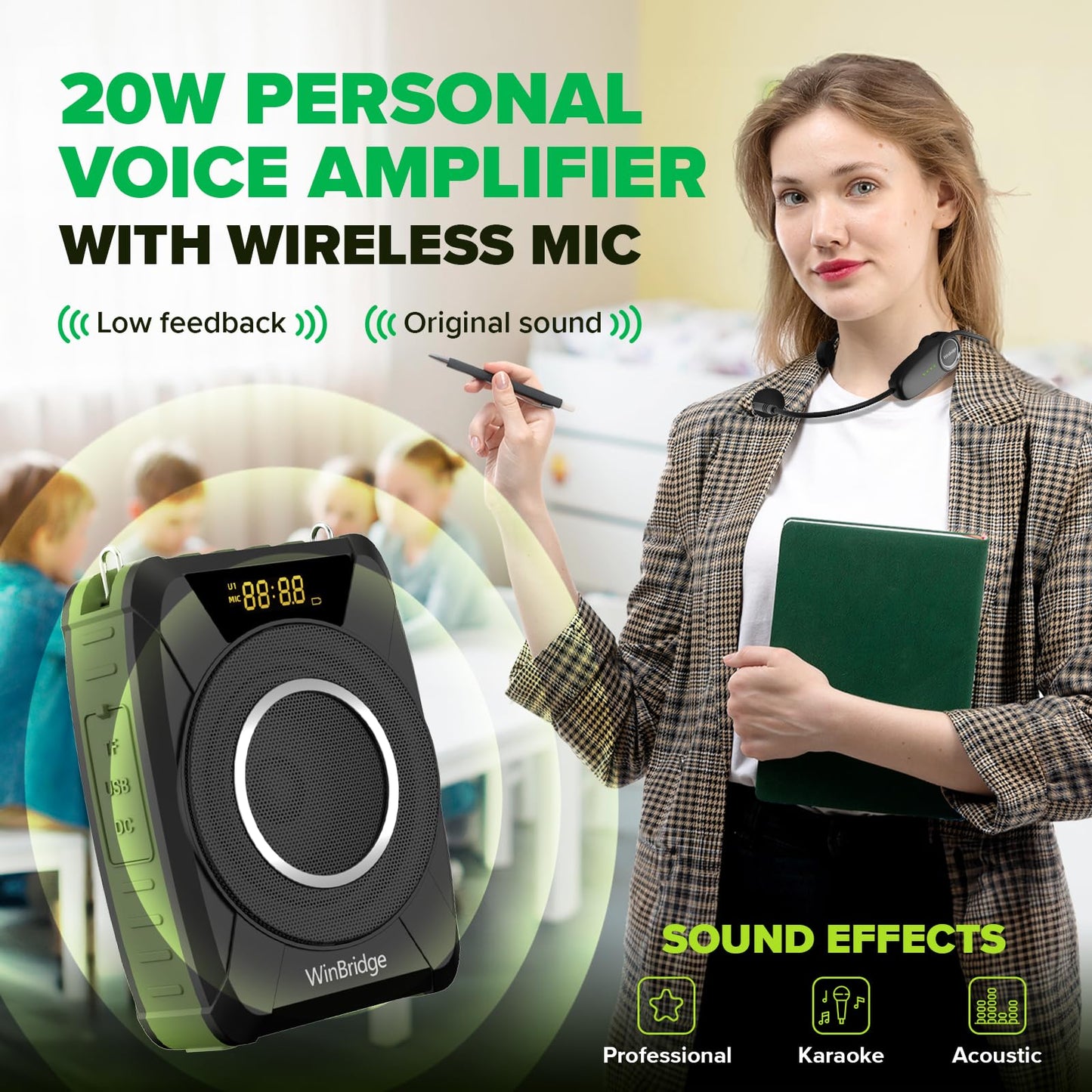 Bluetooth 5.0 Voice Amplifier with Wireless Mic Headset, Waterproof Personal Microphone Wireless Voice Amplifier, 20W Loudly Portable Megaphone PA System for Teachers, Safety Drills, Outdoors Indoors