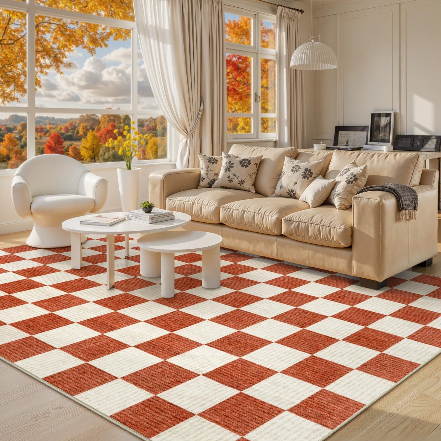 Machine Washable 5x7 Area Rugs for Living Room Checkered, Non Slip Soft Low Pile Farmhouse Halloween Modern Neutral Playroom Boys Rugs for Bedroom, Large Carpet Rugs for Dining Room(Orange,5'x7')