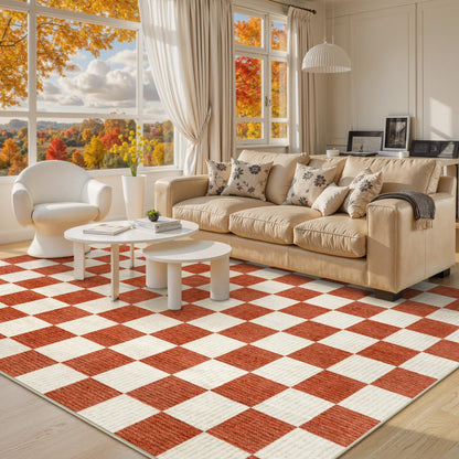 Machine Washable 5x7 Area Rugs for Living Room Checkered, Non Slip Soft Low Pile Farmhouse Halloween Modern Neutral Playroom Boys Rugs for Bedroom, Large Carpet Rugs for Dining Room(Orange,5'x7')