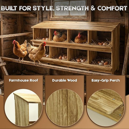 8 Holes Wood Nesting Boxes for Chickens, Gold Standard Two-Tier Chickens Nesting Box for Laying Eggs, Farmhouse Series Laying Boxes for Hens, Ducks and Birds